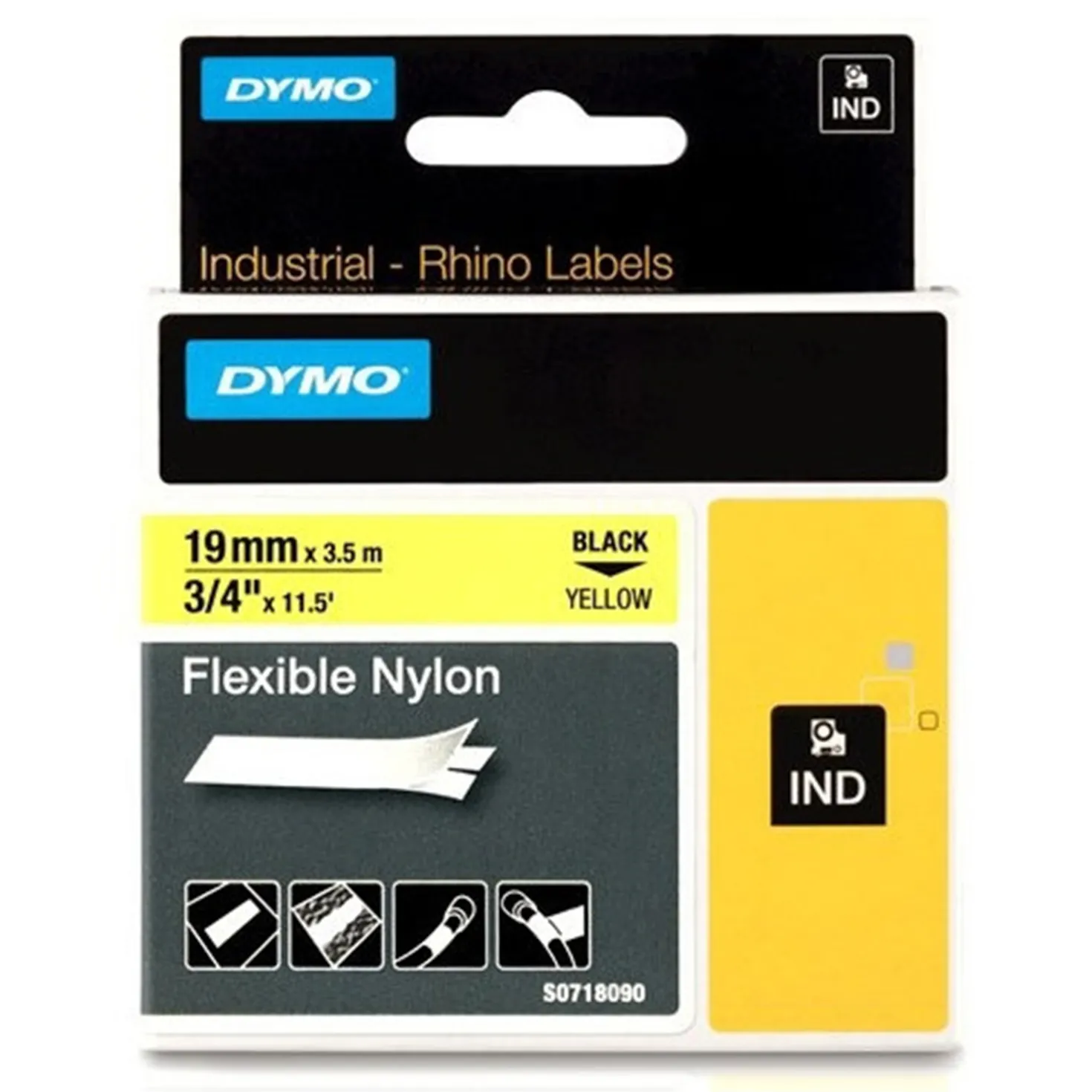Märkband Dymo Rhino Ind Flex Nylon, svart på gul, 19 mm