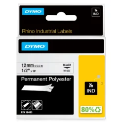 Märkband Dymo Rhino Ind Polyester, 12mm, svart på vit