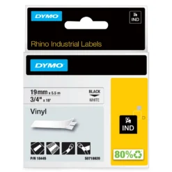 Märkband Dymo Rhino Ind Vinyl, svart på vit, 19 mm