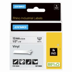 Märkband Dymo Rhino Ind Vinyl, svart på vit, 12mm