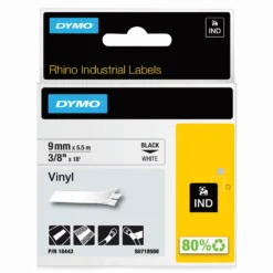 Märkband Dymo Rhino Ind Vinyl, svart på vit, 9mm
