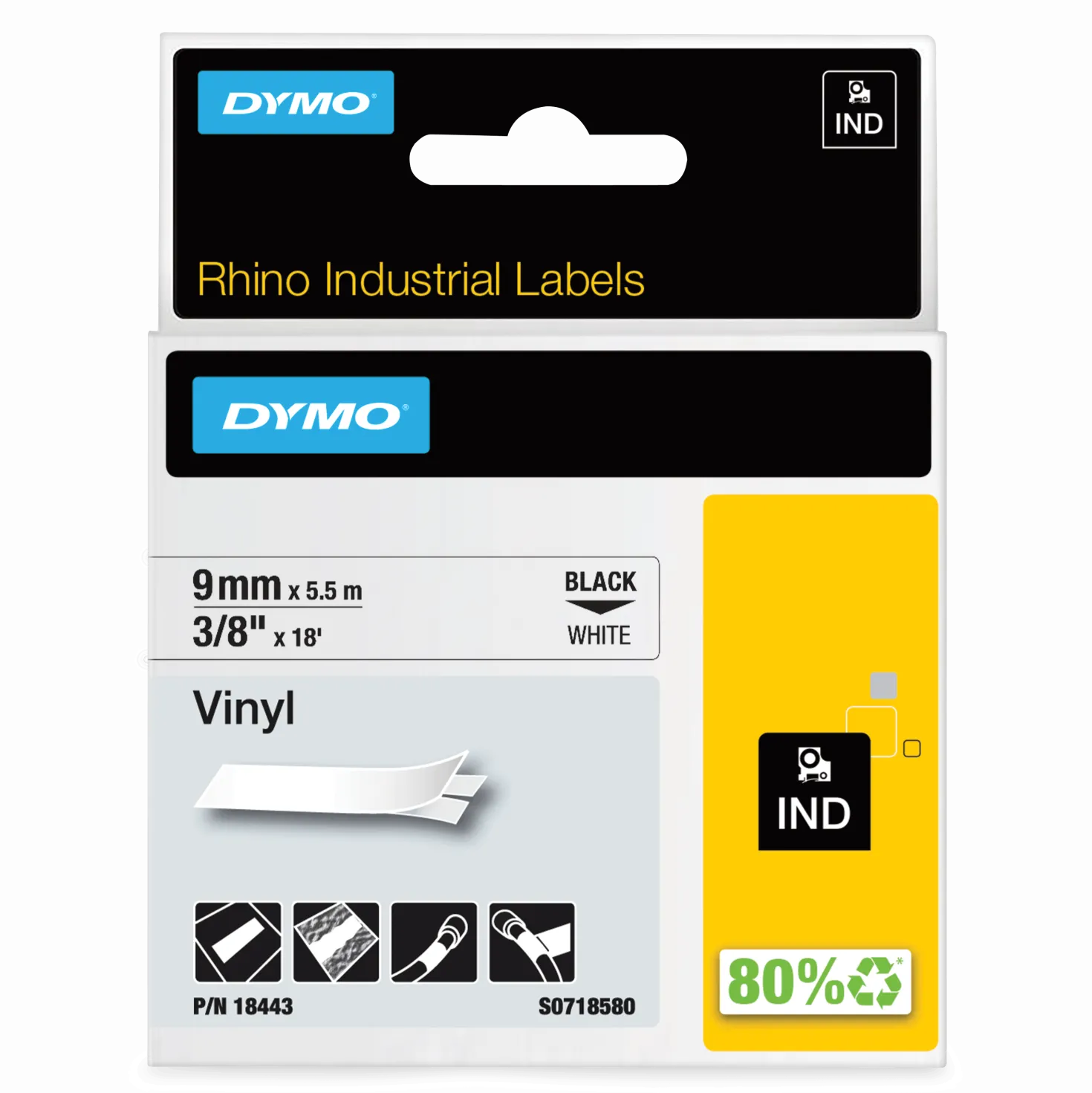 Märkband Dymo Rhino Ind Vinyl, svart på vit, 9mm