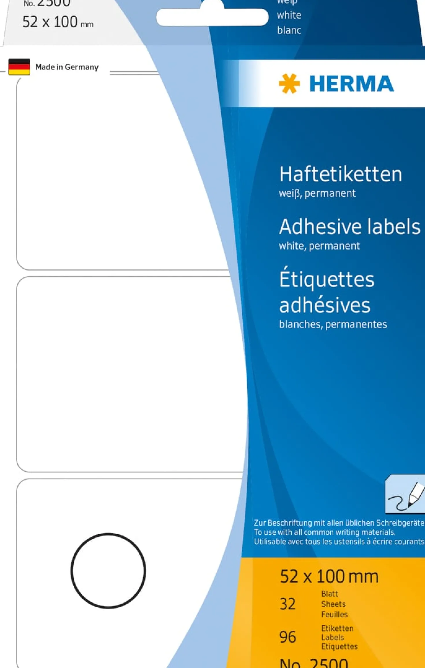 Märketikett Herma 2500, permanent, 52x100 mm, vit, 96 st