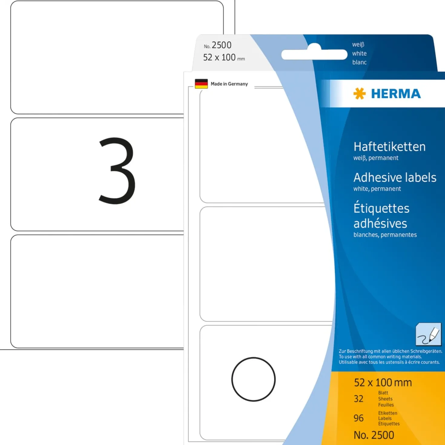 Märketikett Herma 2500, permanent, 52x100 mm, vit, 96 st