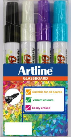 Märkpenna Artline Glassboard, vattenbaserad, 2 mm, 4-pack