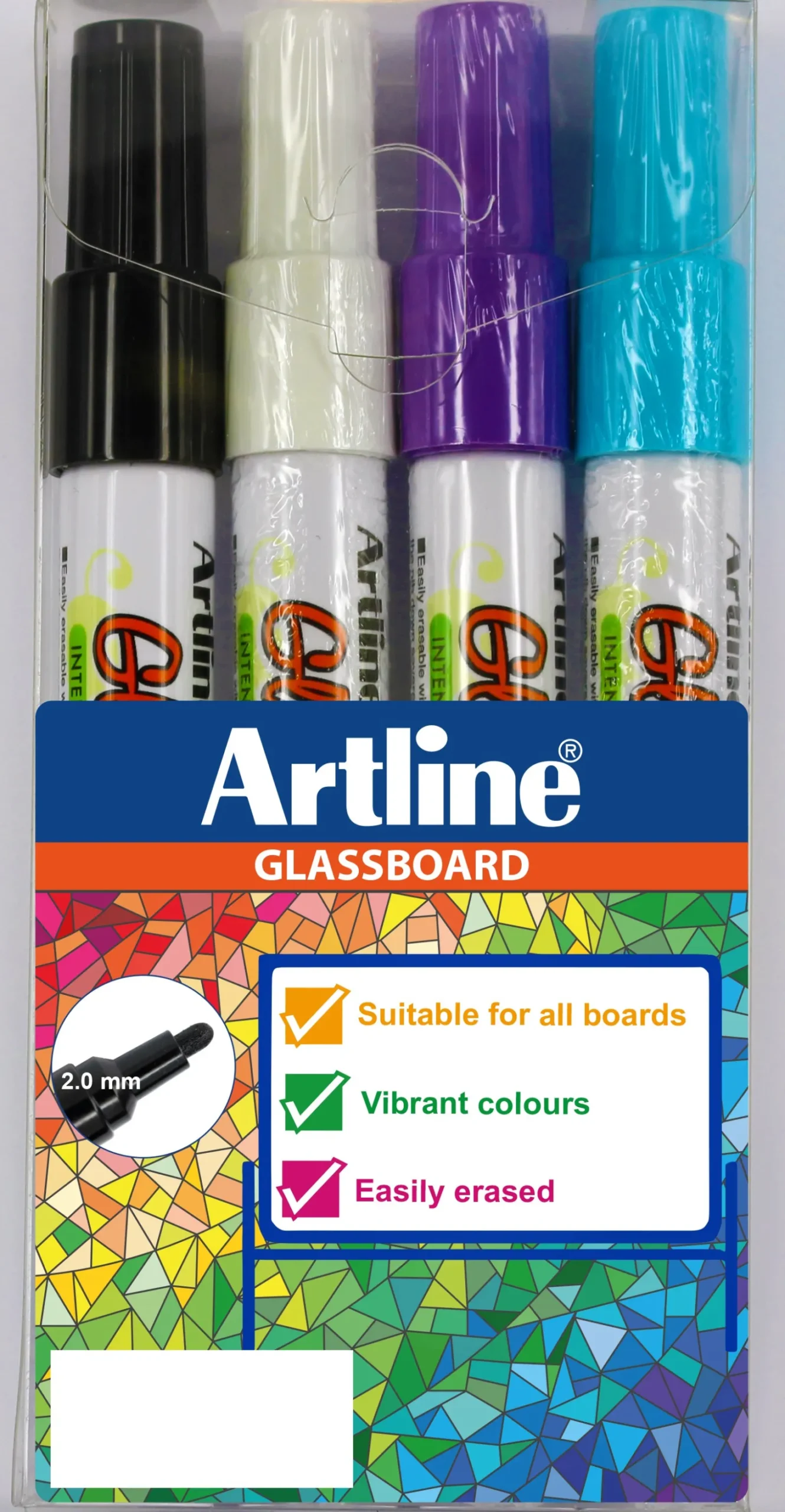 Märkpenna Artline Glassboard, vattenbaserad, 2 mm, 4-pack