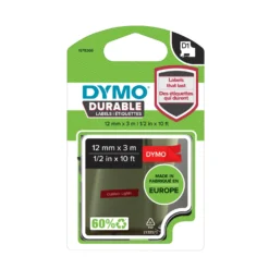 Märktejp Dymo D1 Durable, vit på röd, 12mm x 3m