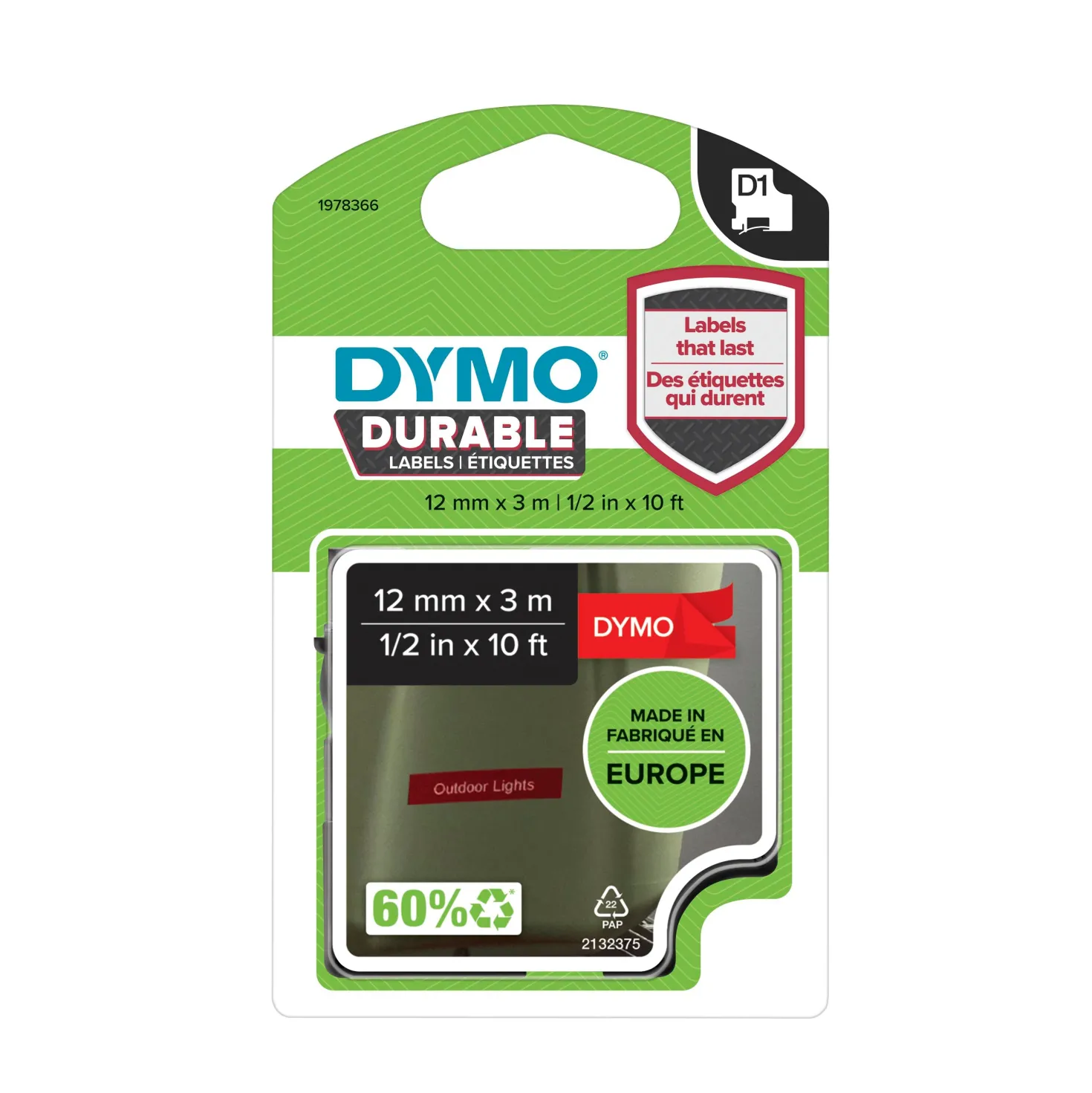 Märktejp Dymo D1 Durable, vit på röd, 12mm x 3m