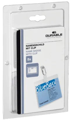 Namnskylt Durable med hängselclips, 90x60 mm stående, 5-pack
