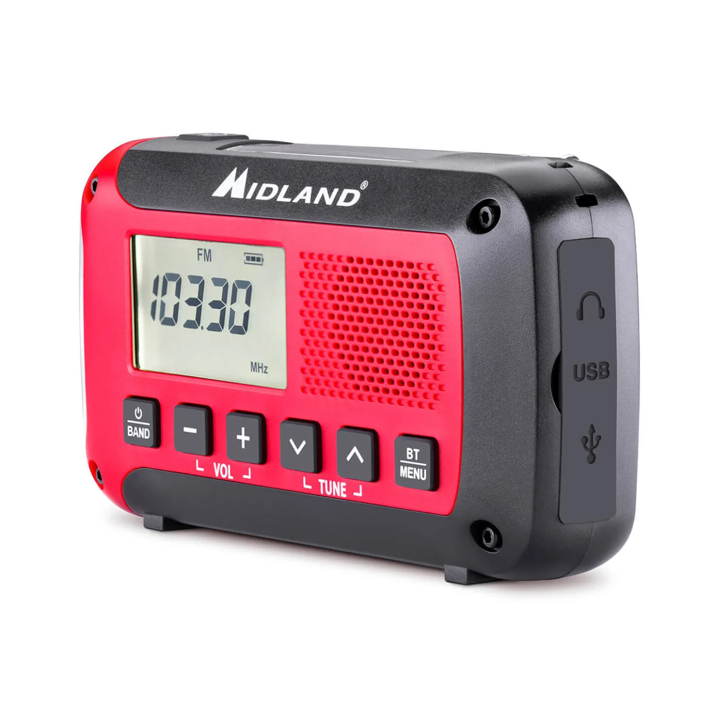 Nödradio MIDLAND ER250BT, powerbank 2600mAh, Bluetooth, röd-svart