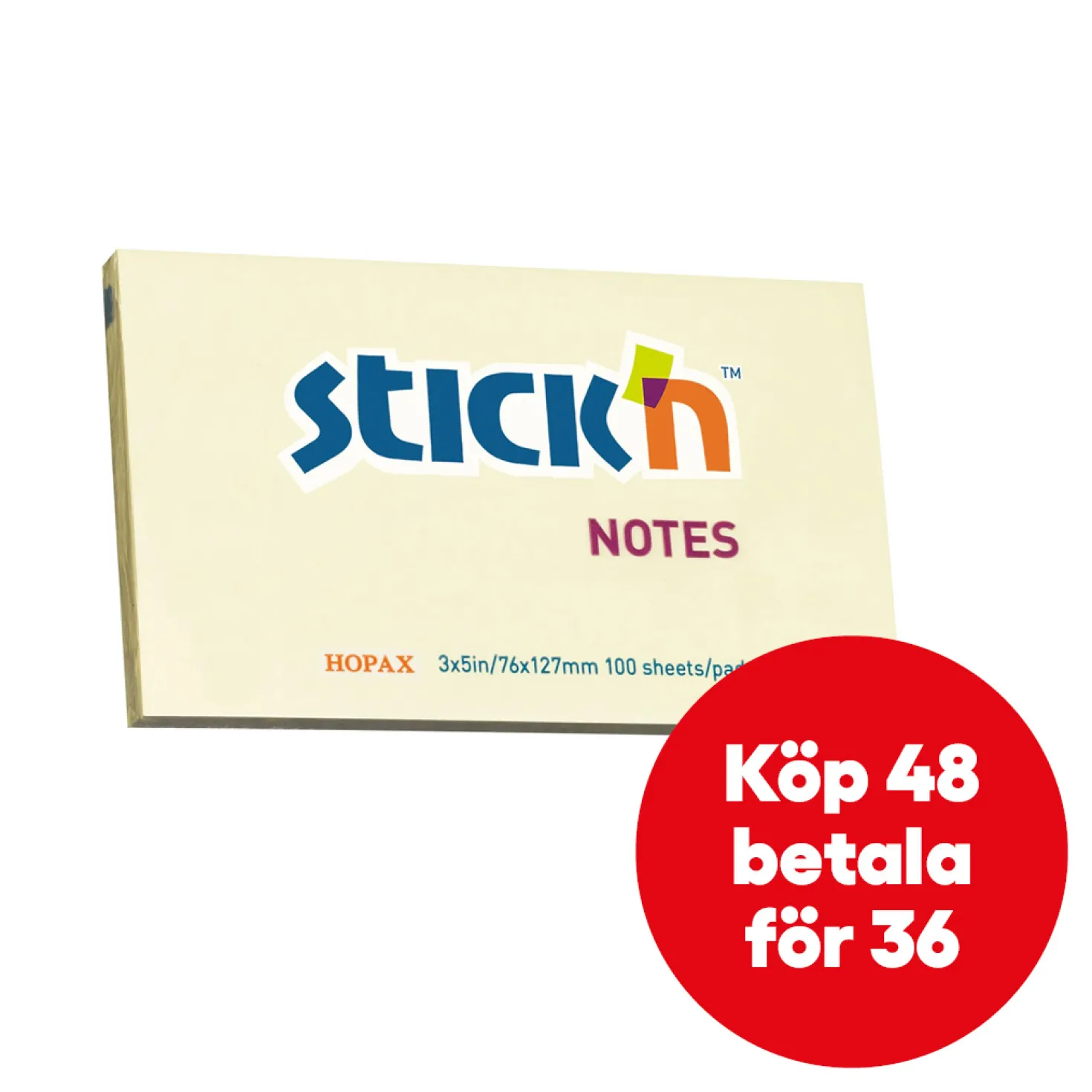 Notisblock Stick n Notes, gul, 76x127mm, 12x100 blad