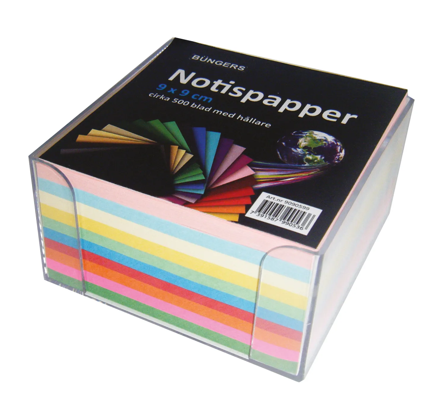 Notisbox Bngers 90x90mm, 500 färgade ark, transparent