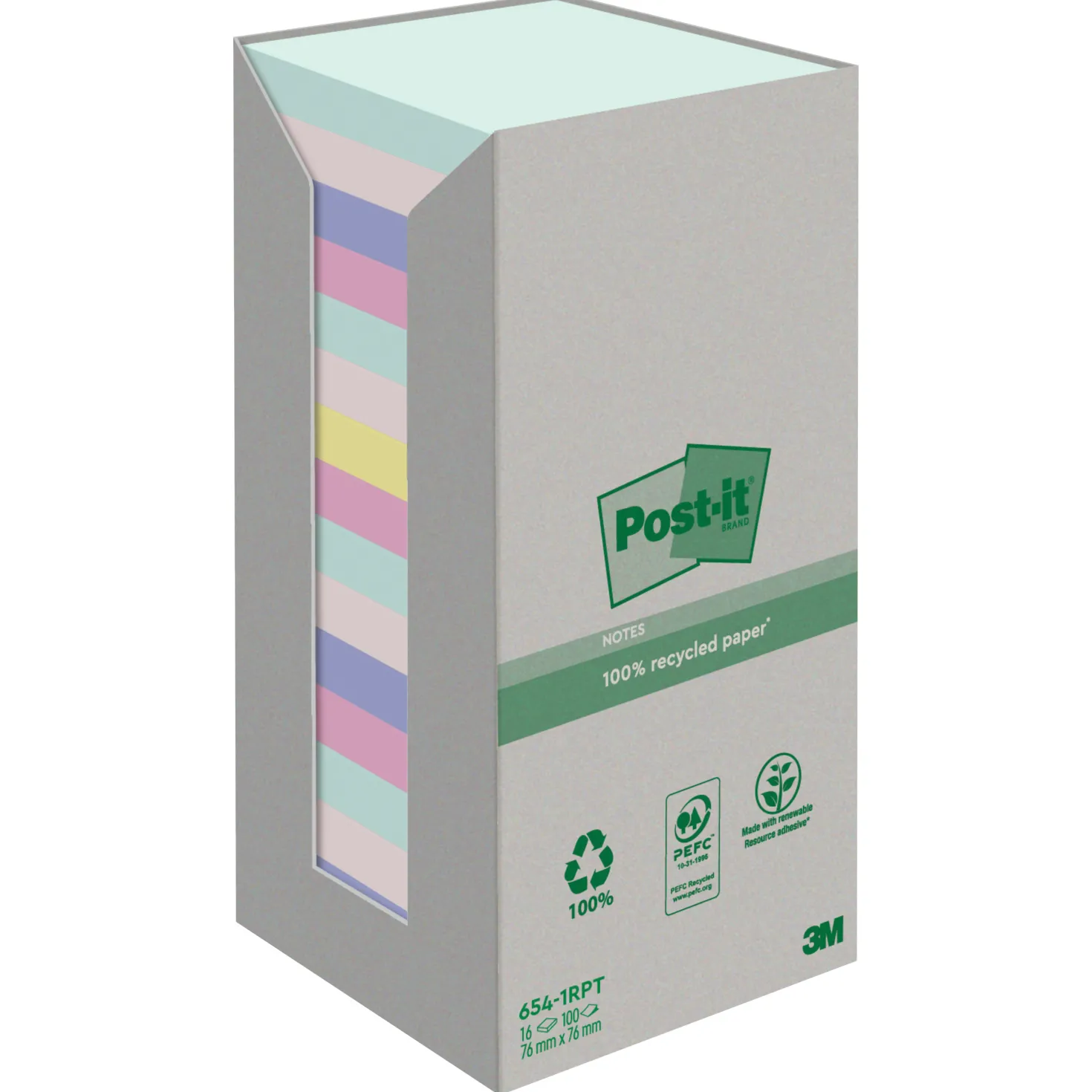 Notislappar Post-it Recycled 76x76 mm, blandade naturfärger, 16 block