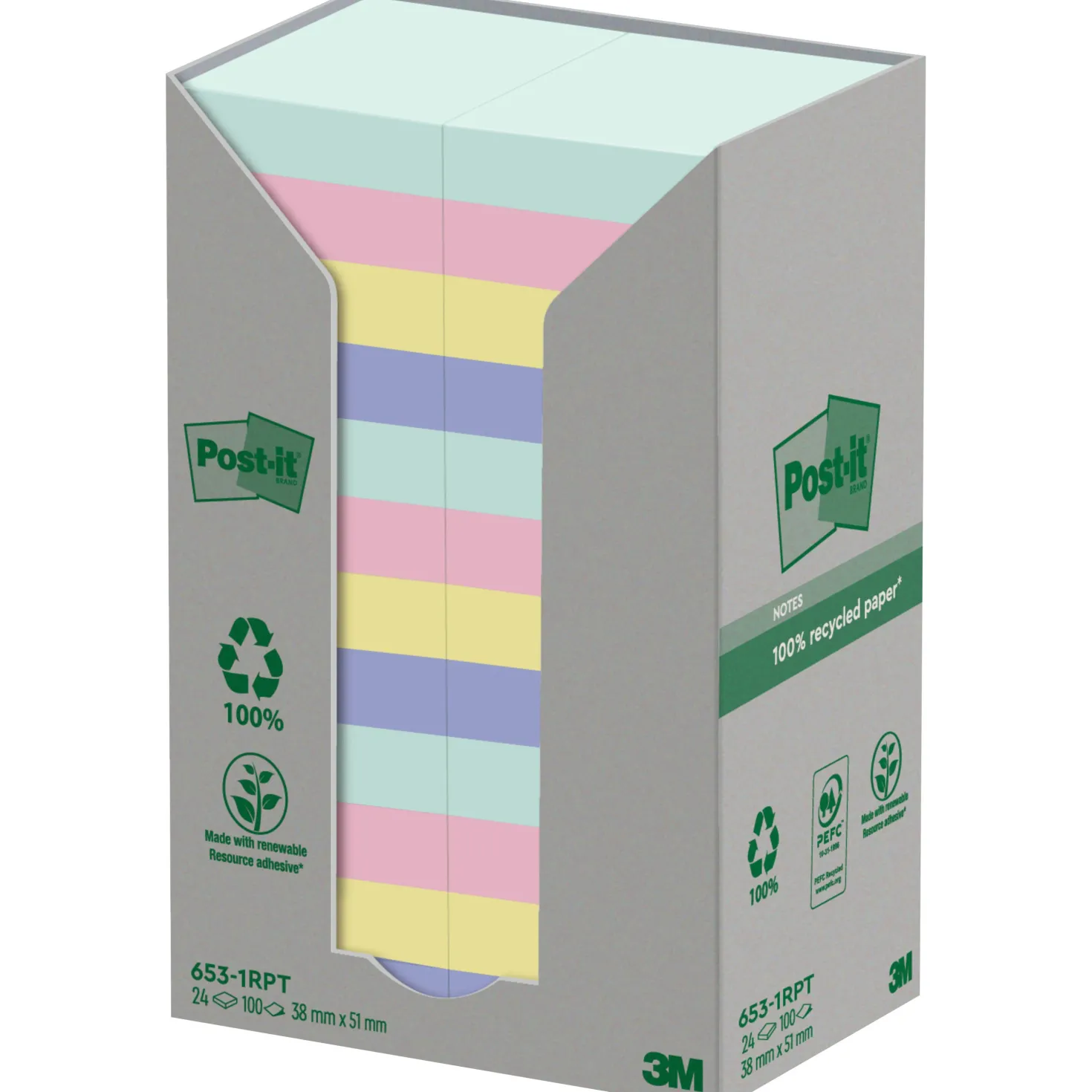 Notislappar Post-it Recycled, 38x51 mm, naturfärger, 24 block