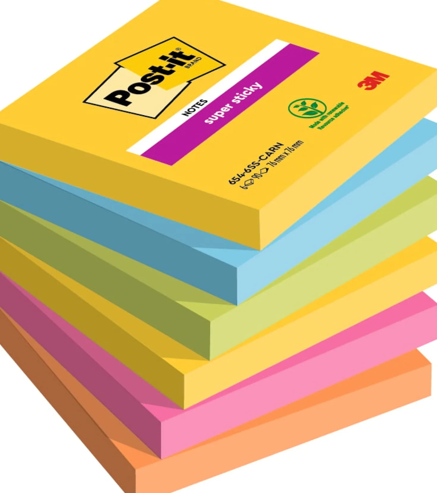 Notislappar Post-it Super Sticky 654-6SS-CARN Carnival, 76x76mm, 6 block