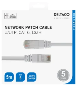 Nätverkskabel Deltaco U/UTP Cat 6, LSZH halogenfri, vit, 5m