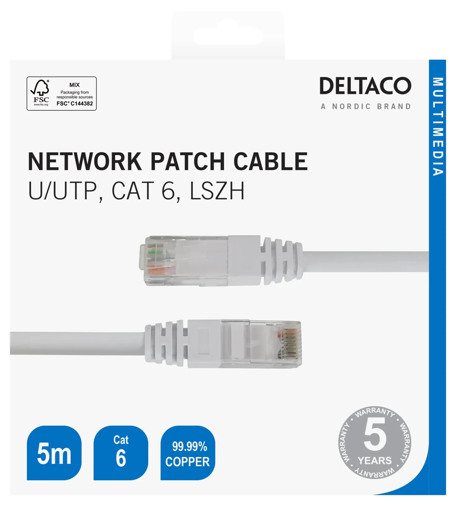 Nätverkskabel Deltaco U/UTP Cat 6, LSZH halogenfri, vit, 5m