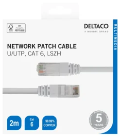 Nätverkskabel Deltaco U/UTP Cat 6, 2m, vit, LSZH