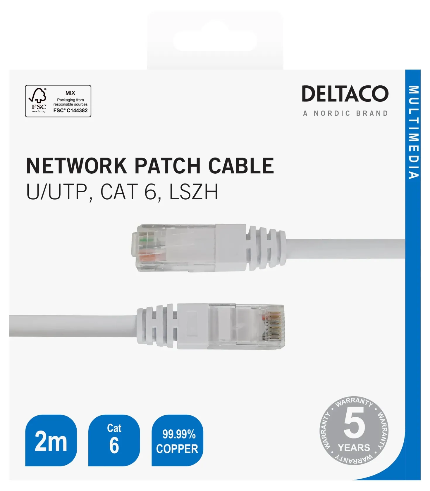 Nätverkskabel Deltaco U/UTP Cat 6, 2m, vit, LSZH