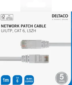 Nätverkskabel Deltaco U/UTP Cat 6, vit, 1m, LSZH