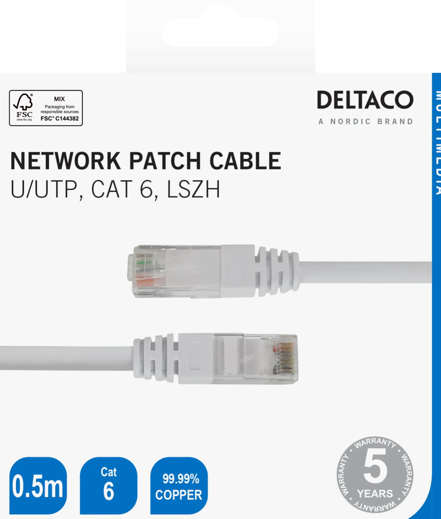 Nätverkskabel Deltaco U/UTP Cat 6, LSZH, vit, 0,5m