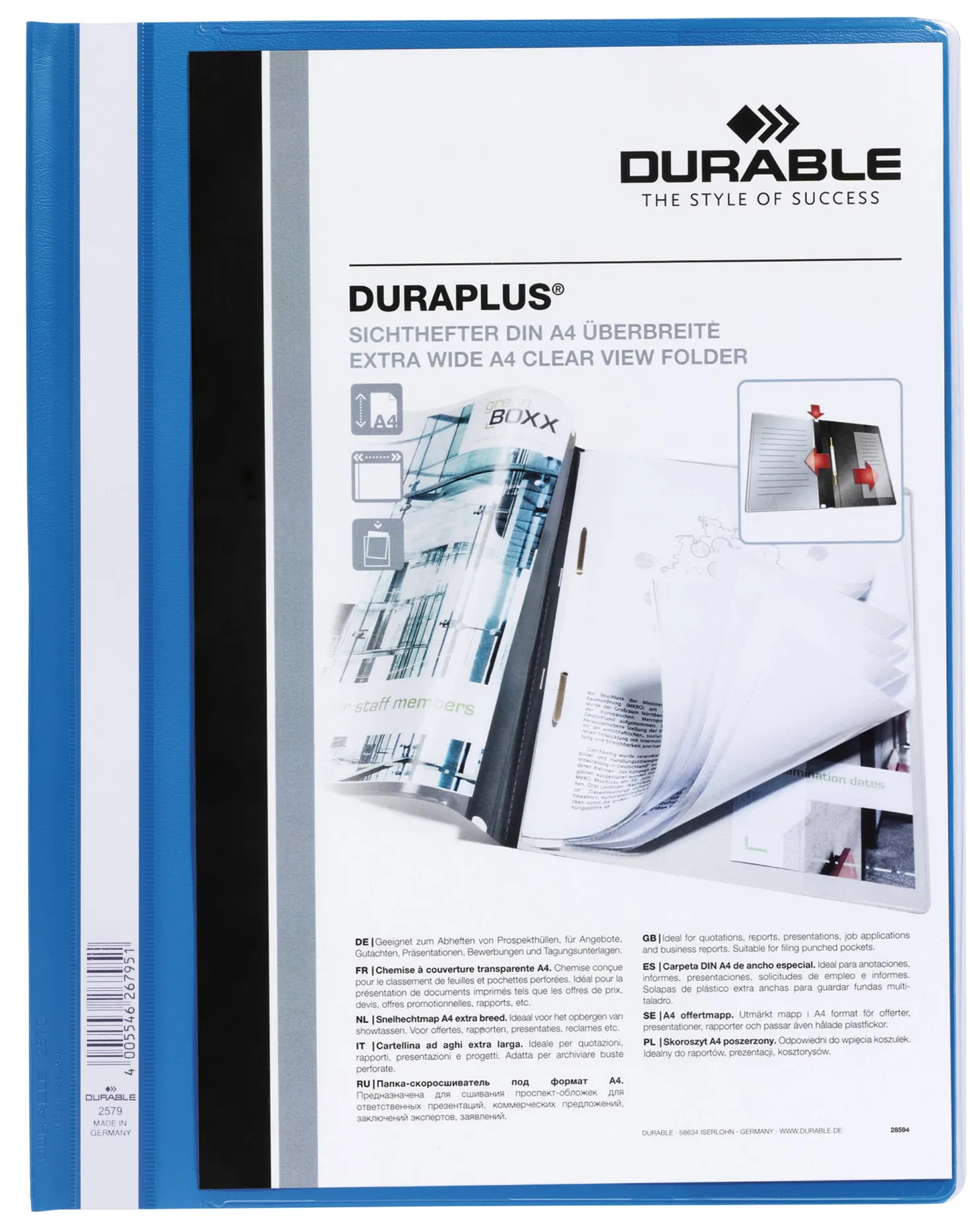 Offertmapp Durable Duraplus A4, blå, transparent framsida