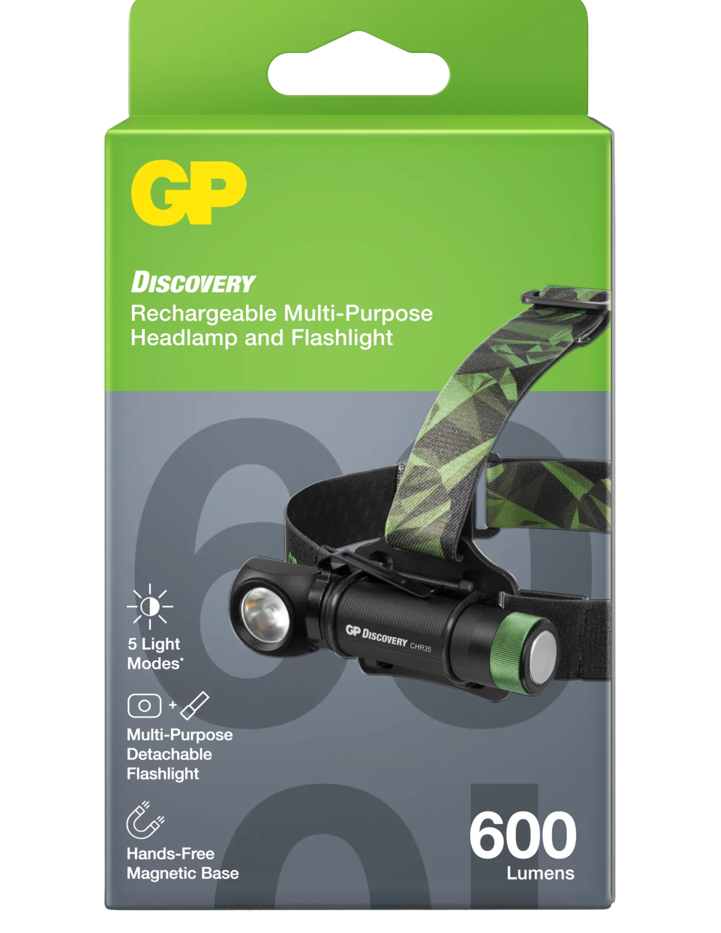 Pannlampa GP Discovery CHR35, laddbar, 130 m räckvidd, magnetfäste