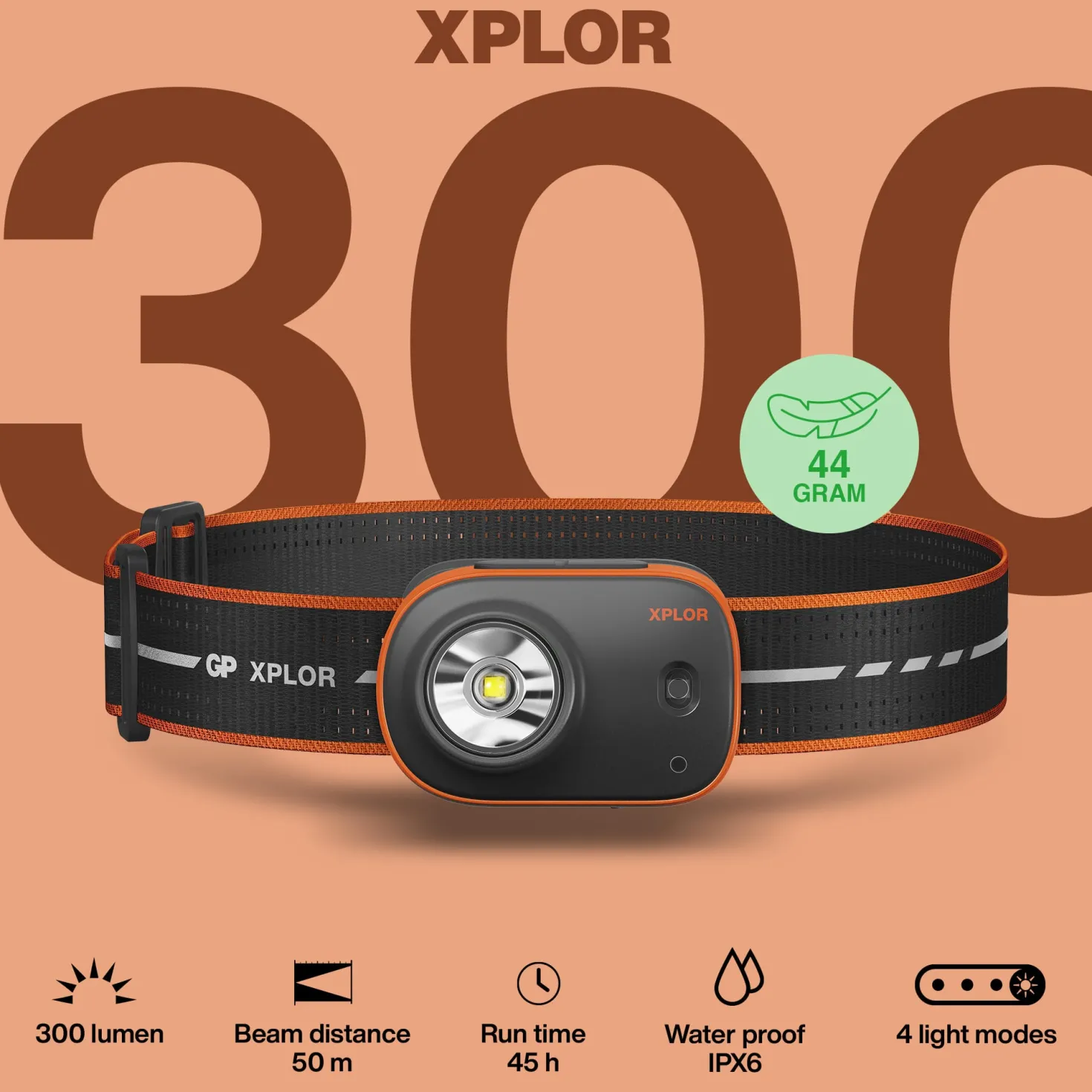 Pannlampa GP Xplor PHR16, 300 lumen, laddbar, 44 g
