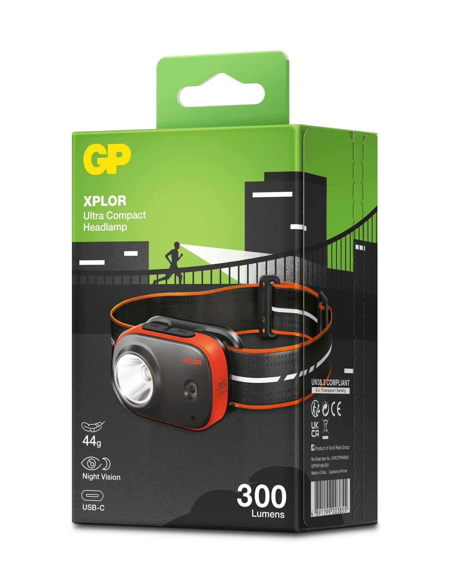 Pannlampa GP Xplor PHR16, 300 lumen, laddbar, 44 g