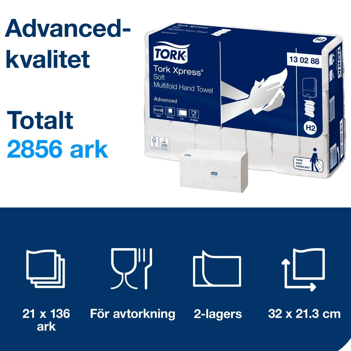 Pappershandduk Tork H2 Advanced 2-lags, vit, 2856 st