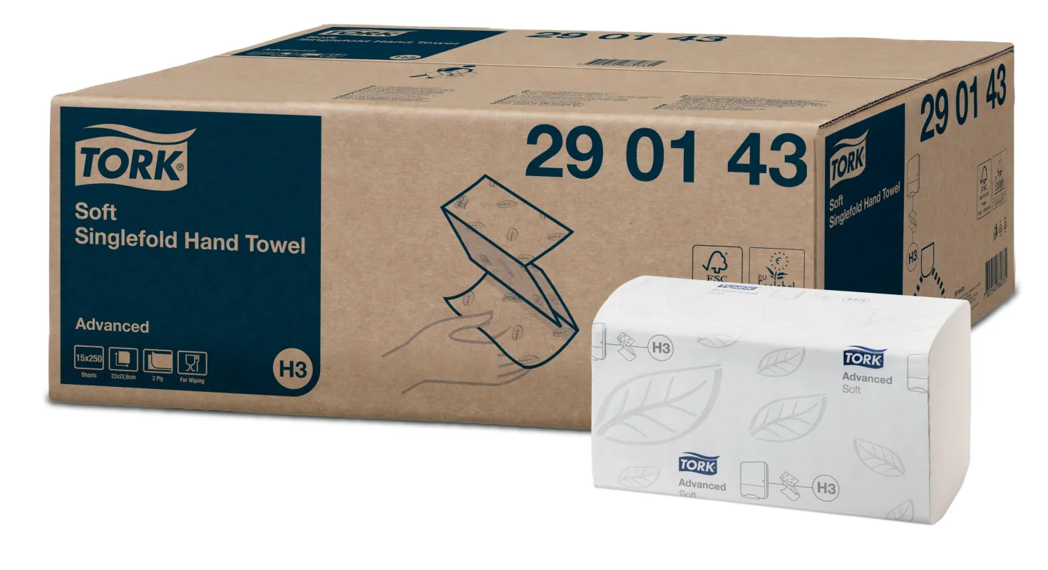 Pappershandduk Tork H3 Advanced V-vikt, 1-lags, 23x23 cm, vit