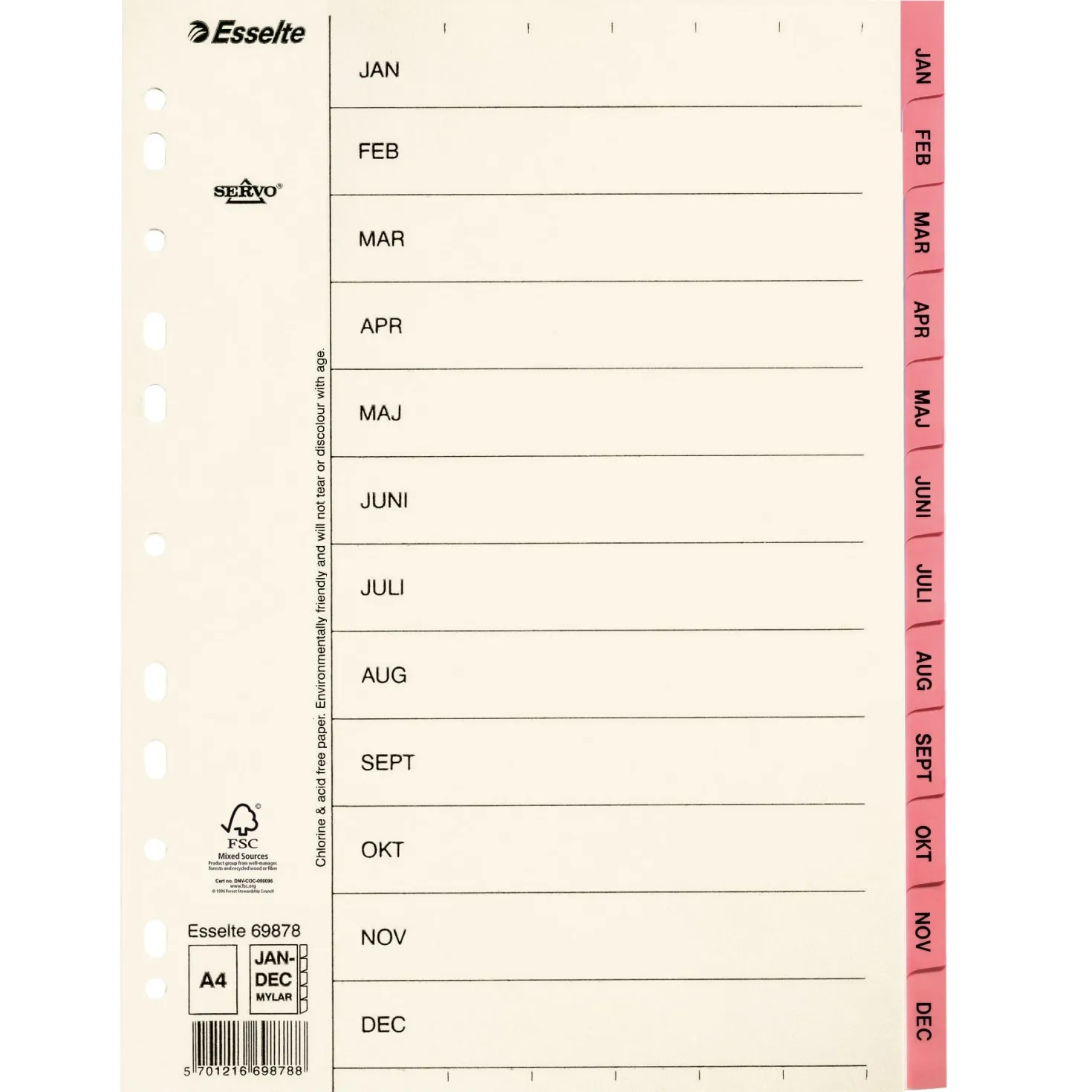 Pappersregister Esselte Servo A4 Jan-Dec, mylarflikar, rosa