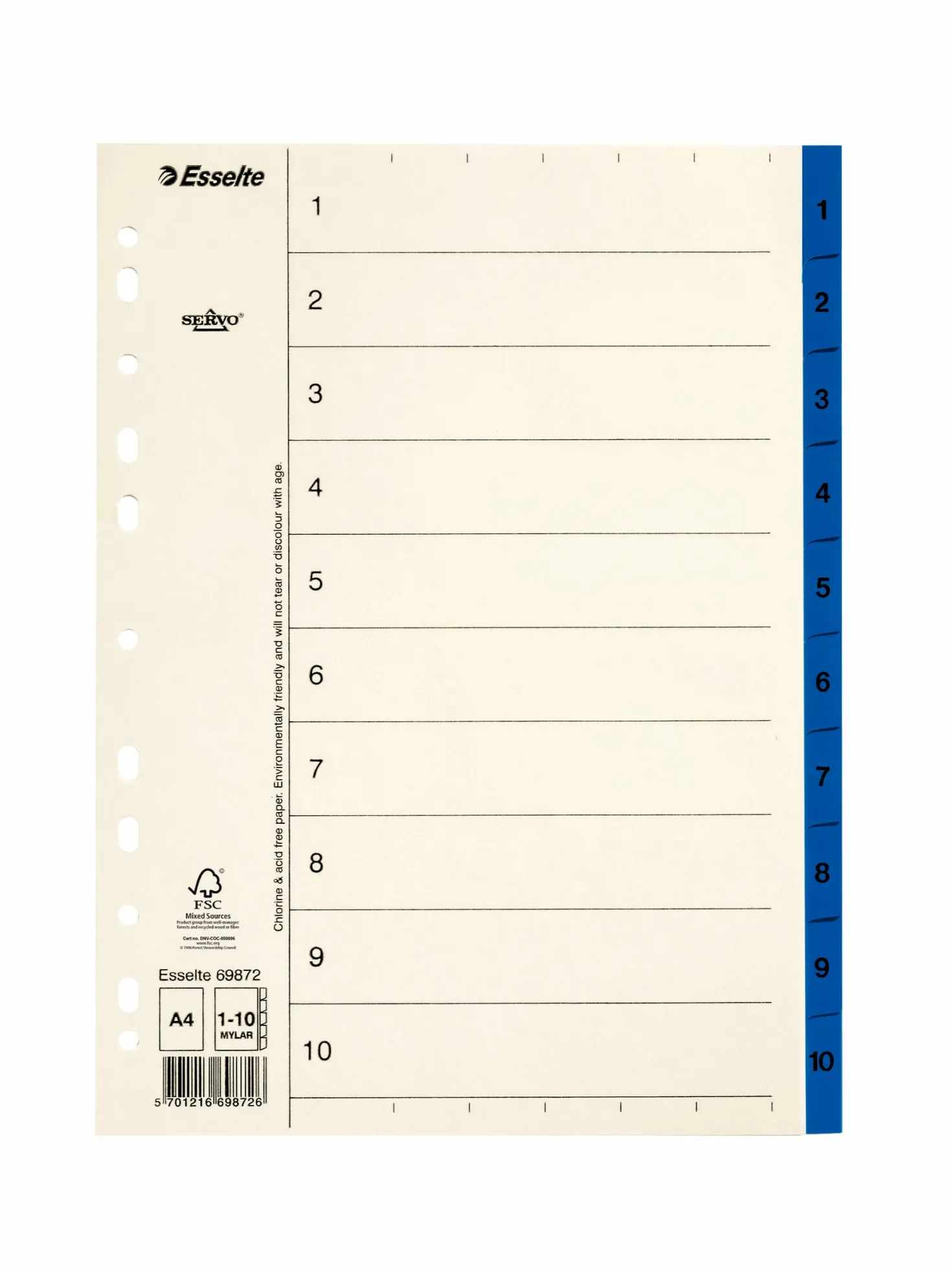 Pappersregister Esselte Servo A4 1-10, blå, mylarflik