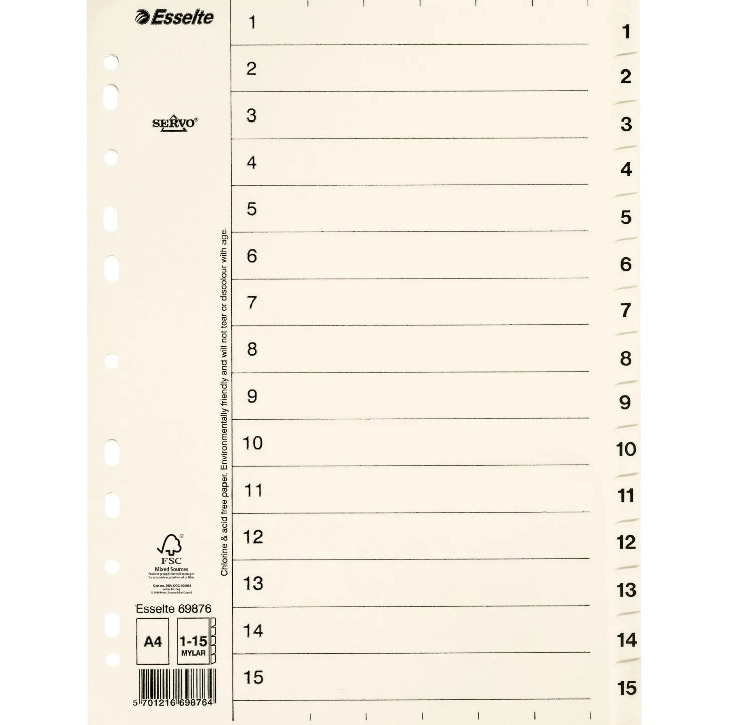 Pappersregister Esselte Servo A4 1-15, ofärgade flikar
