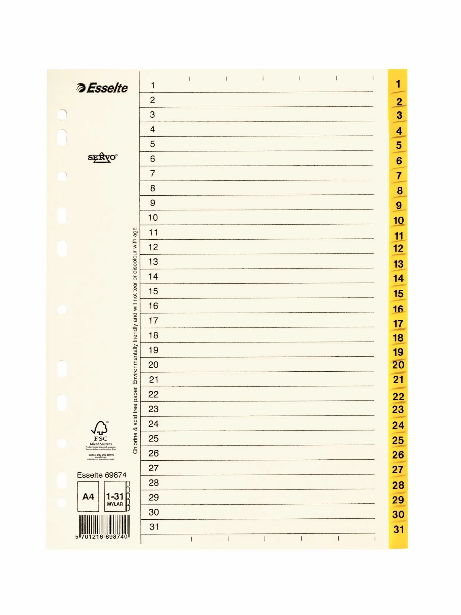 Pappersregister Esselte Servo A4 1-31, gul