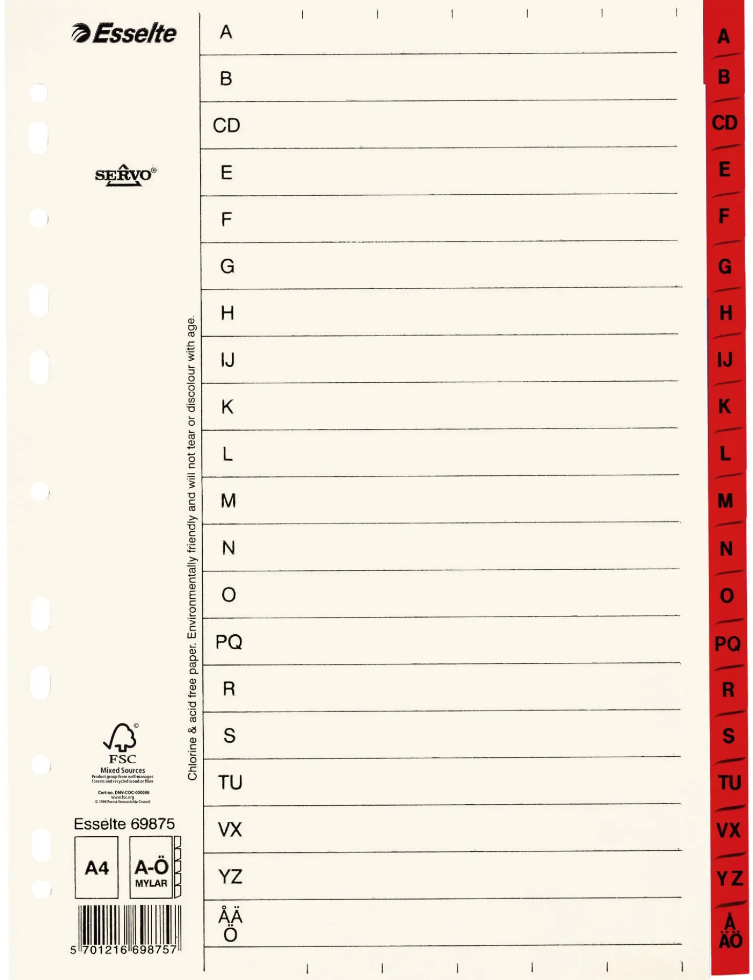 Pappersregister Esselte Servo A4 A-Ö, röda flikar, 11 hål
