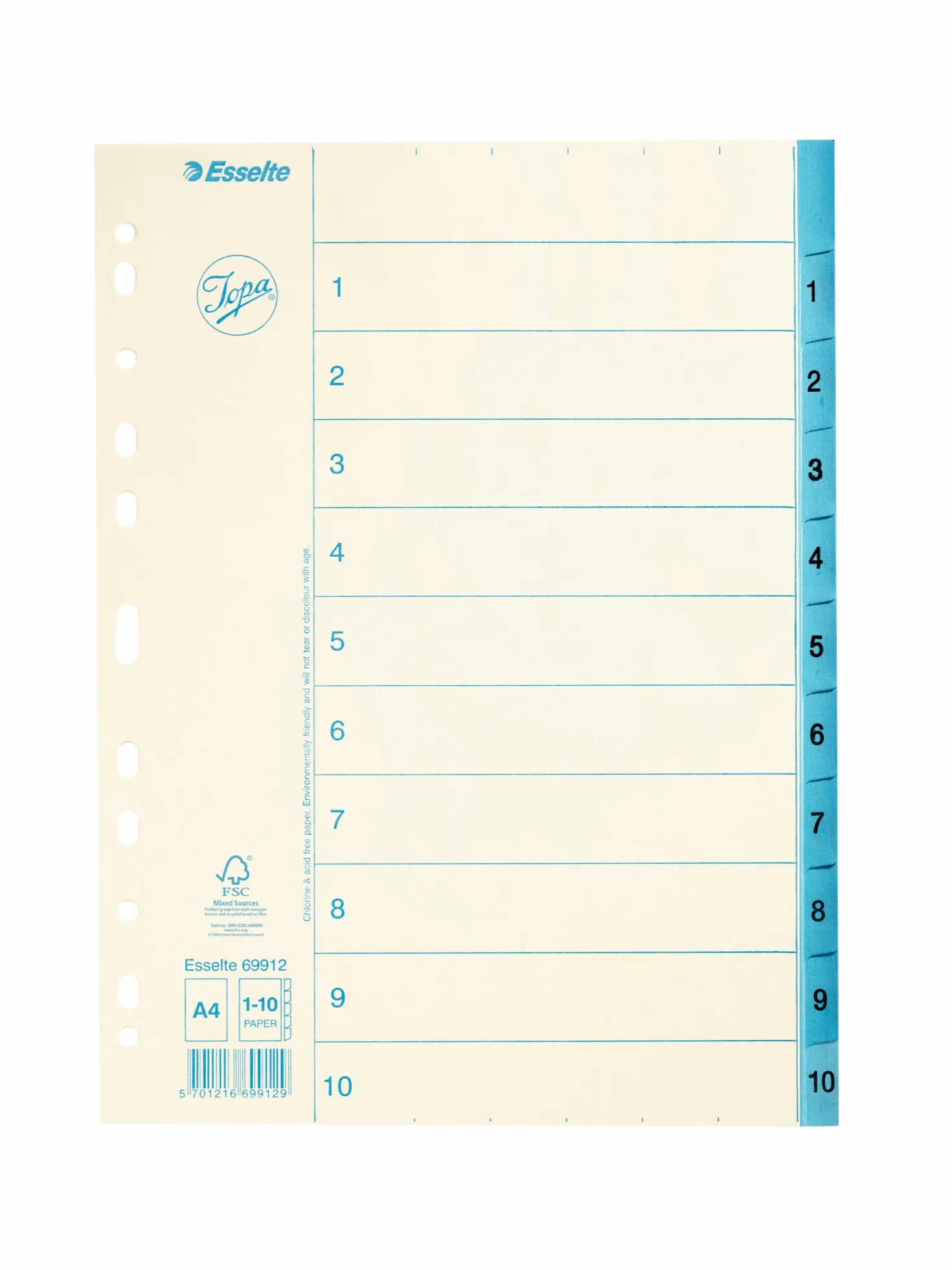 Pappersregister Jopa Original A4 1-10, blå flikar, 10 avdelare
