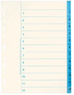 Pappersregister Nordic Office A4 1-12, blå flikar, 10 set