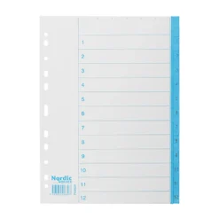 Pappersregister Nordic Office A4 1-12, blå flikar, 10 set