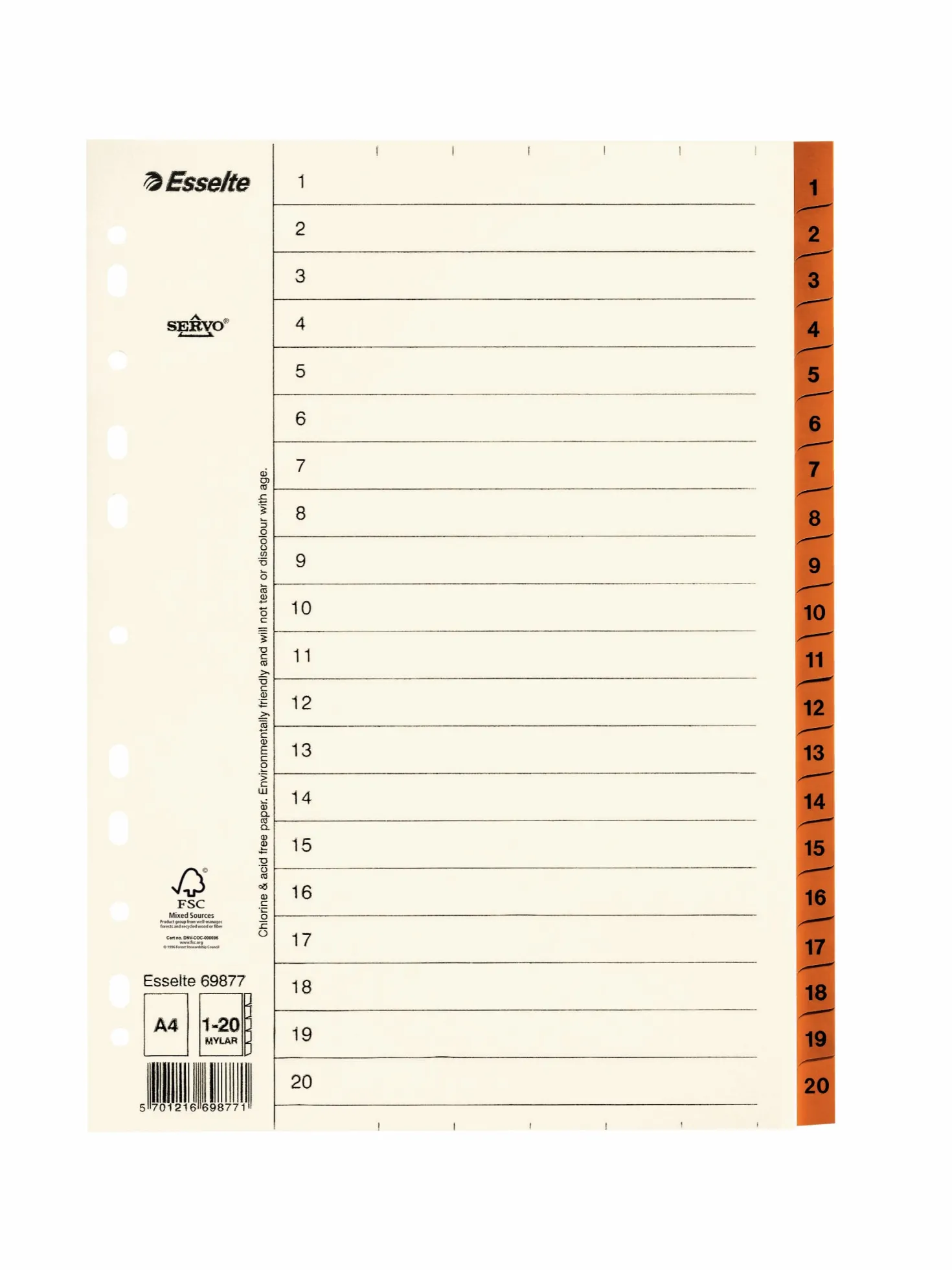 Pappersregister Servo A4 1-20, Mylar-förstärkt, brun