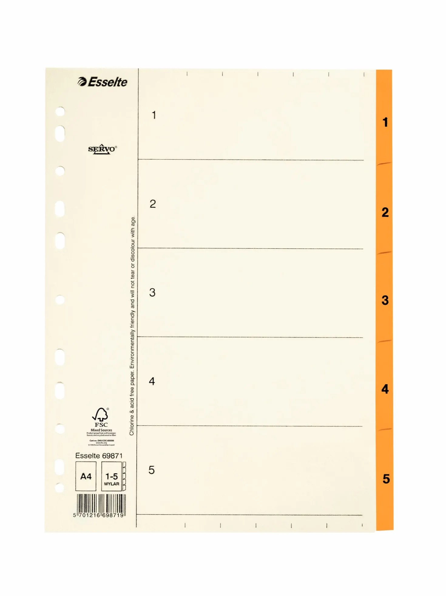 Pappersregister Servo A4 1-5, orange, 6-hålat, FSC
