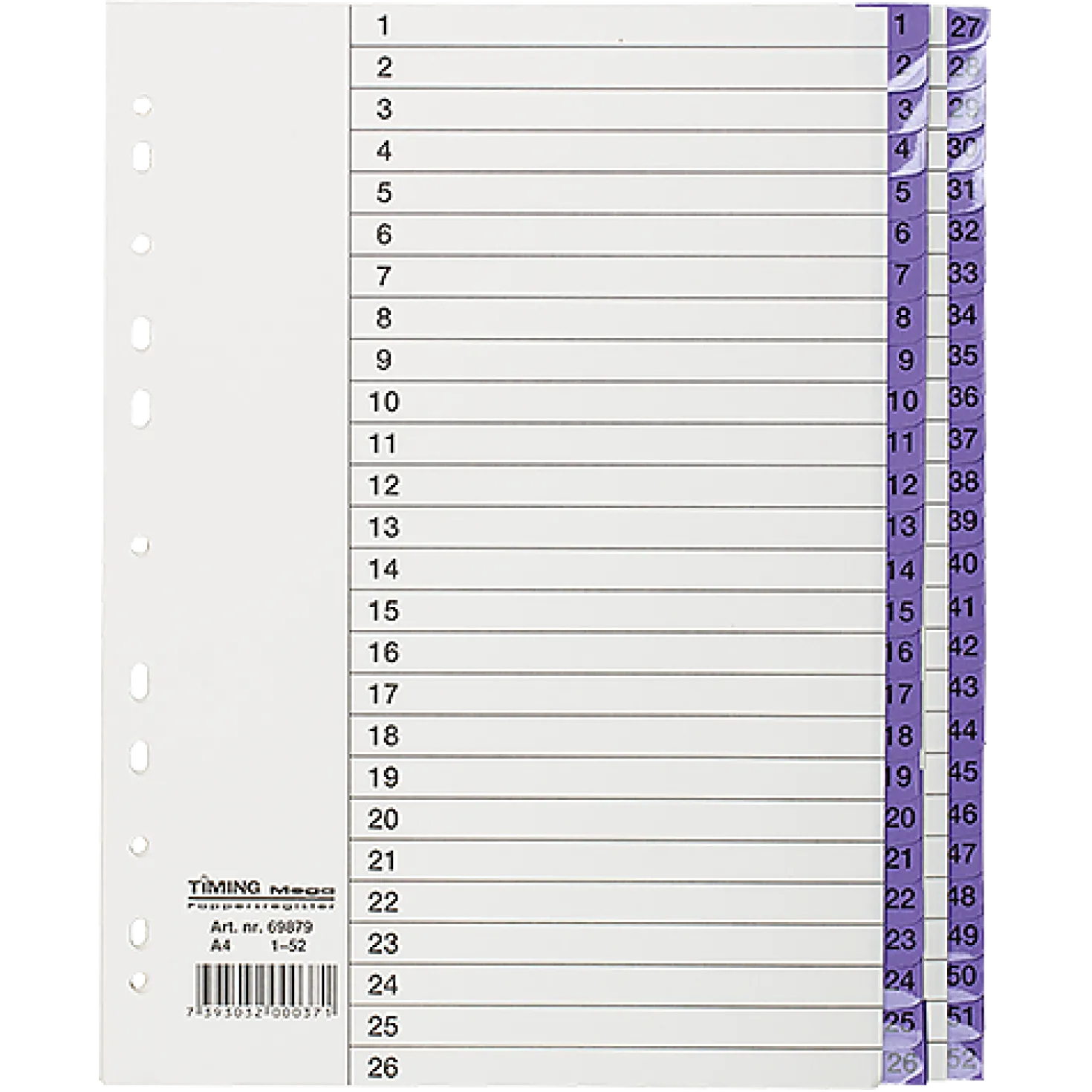 Pappersregister Timing Mega A4 1-52, lila, förstärkta flikar