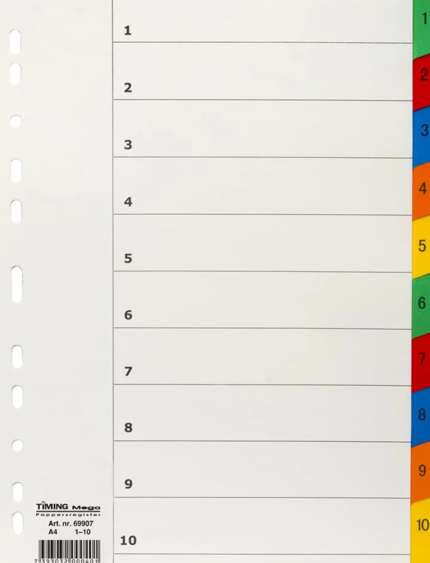 Pappersregister Timing Mega A4 1-10, olikfärgade flikar
