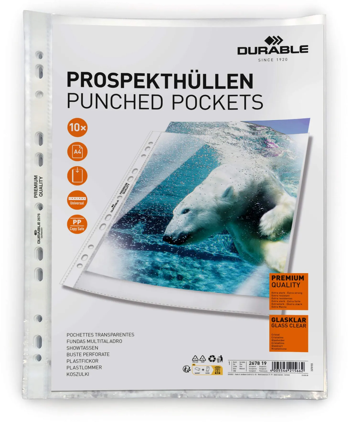 Plastficka Durable PREMIUM A4 Glasklar, universalhålad, 10 st