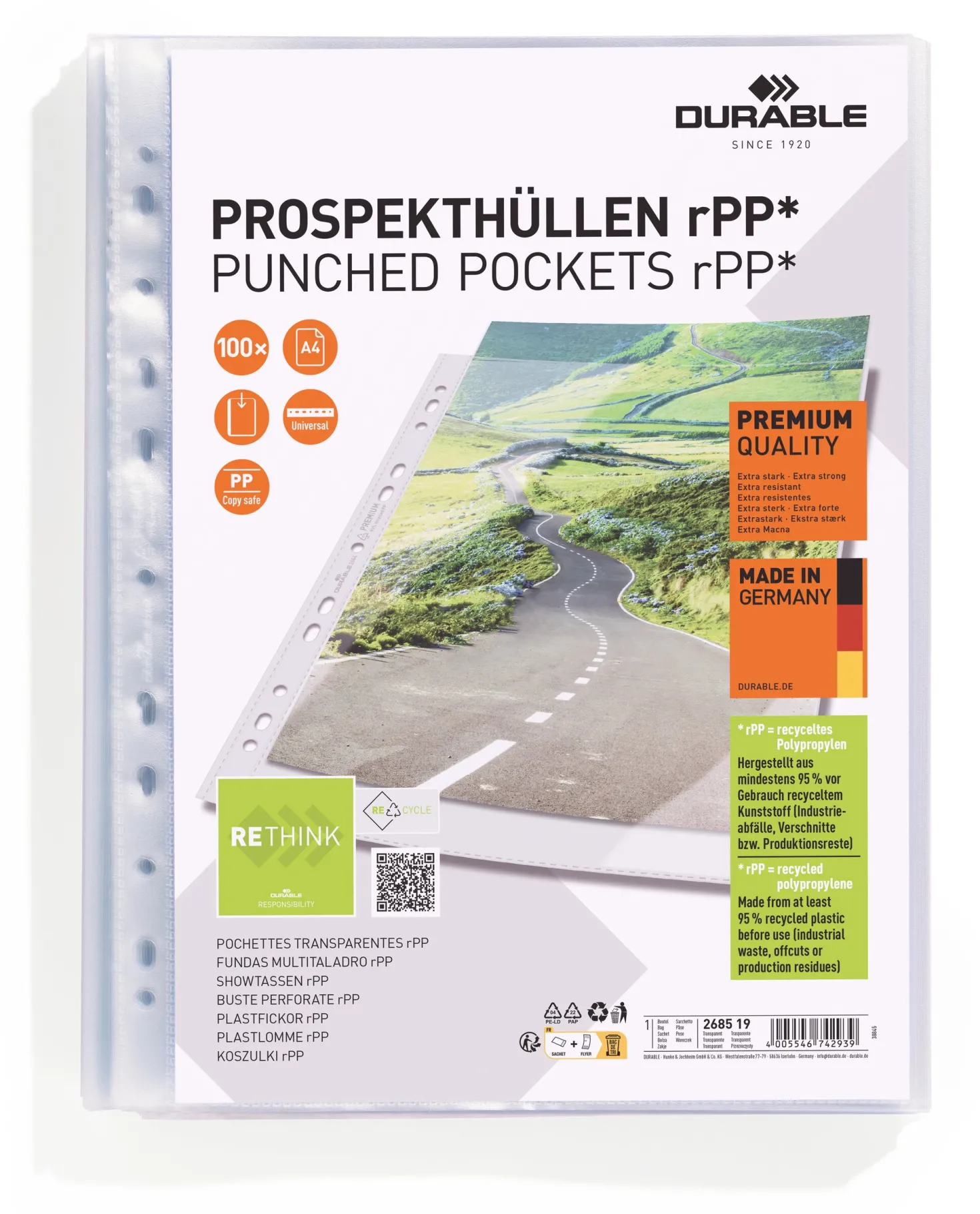 Plastficka Durable PREMIUM A4 rPP, universalhålad, 100 st