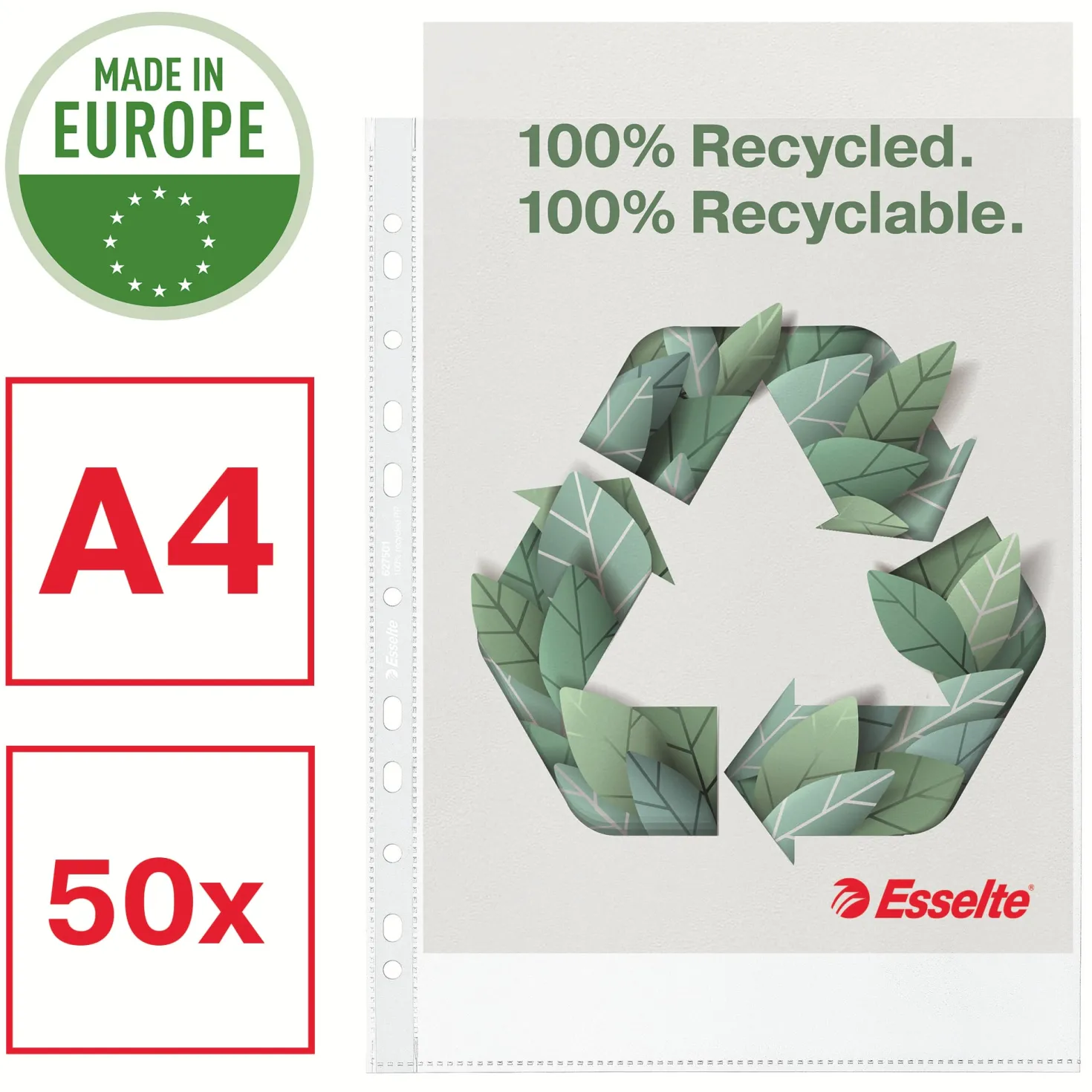Plastficka Esselte Recycled A4, syrafri, matt, 100 my, 50 st
