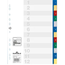 Plastregister Durable A4 1-12, färgkodade flikar, universalhål