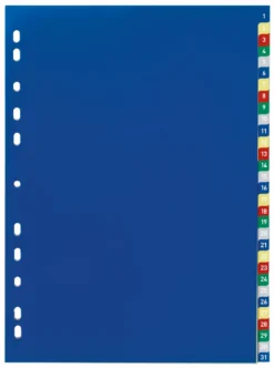 Plastregister Durable A4 1-31, färgkodade flikar, PP