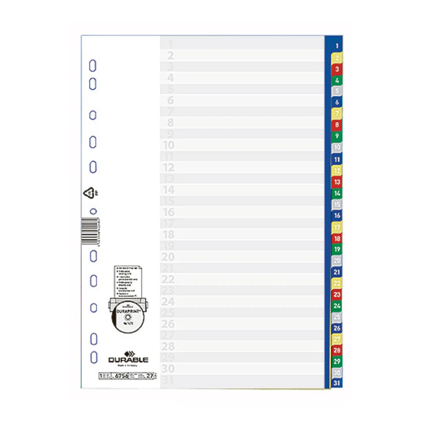 Plastregister Durable A4 1-31, färgkodade flikar, PP
