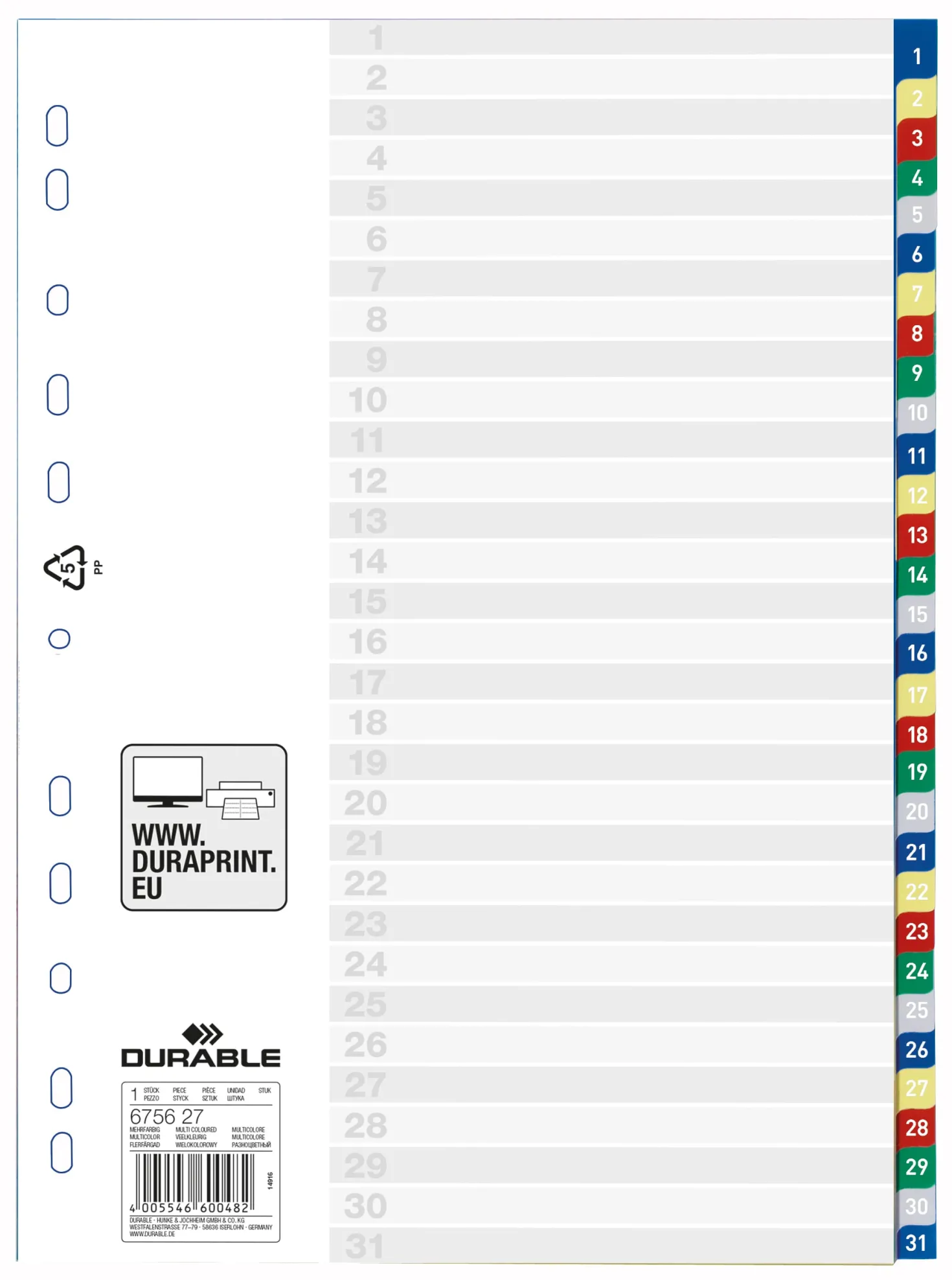 Plastregister Durable A4 1-31, färgkodade flikar, PP
